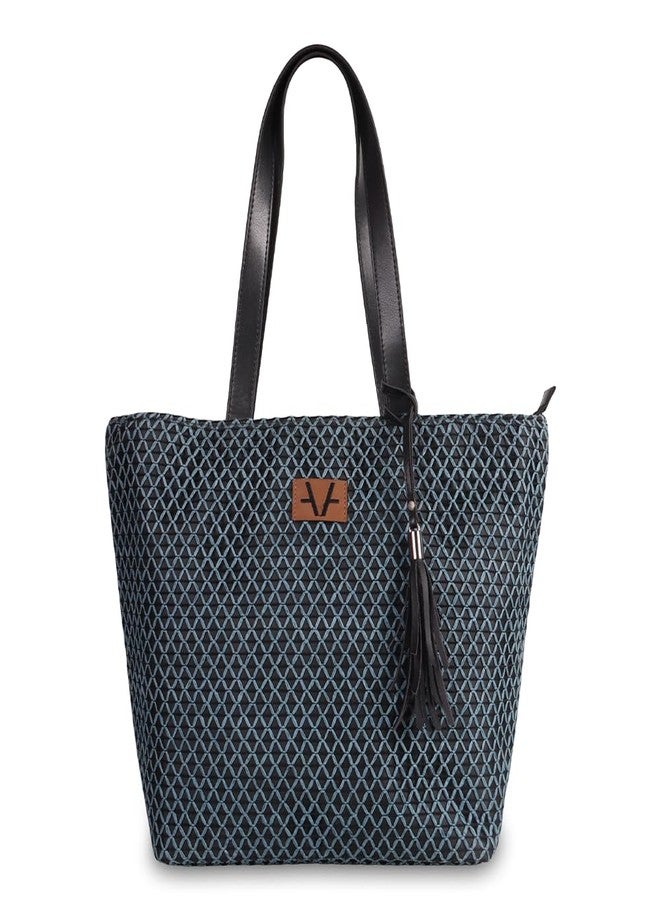 Avake Denim Cross Tote Bag with Raffia and Vegan Leather Accents | Fits 14-Inch Laptop | Stylish & Durable | Lightweight Shoulder Bag for Work, Travel & Daily Use | Made in India - Image 1